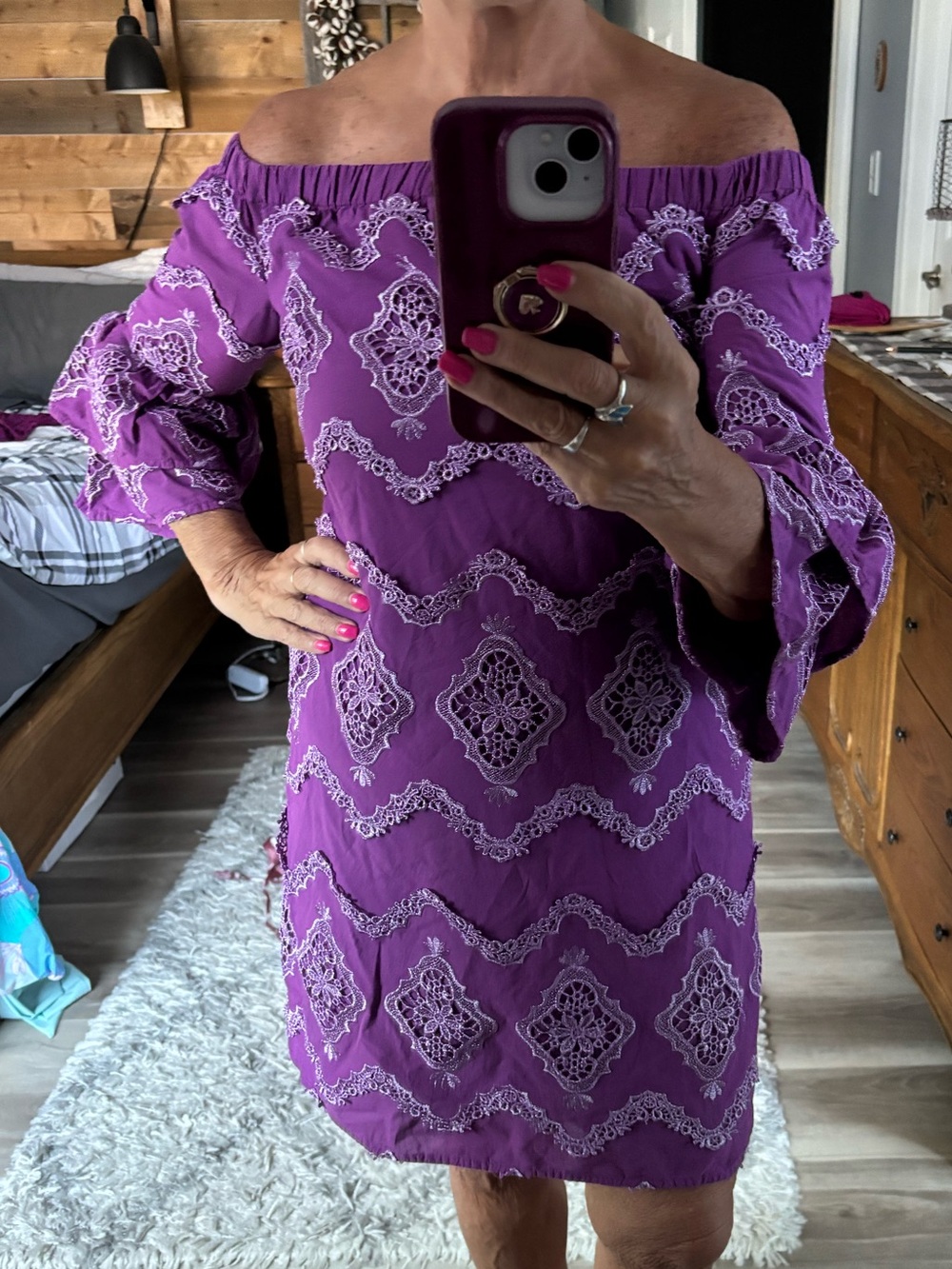 Boston Proper Off-Shoulder Purple Embroidered Mini Dress